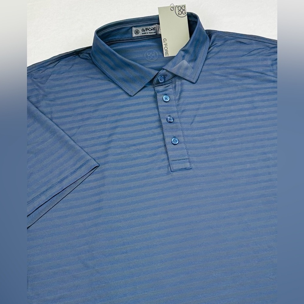 G/Fore Men's XL Dark Blue Stripe Tech Pique Jersey Golf Prep Luxury Polo Shirt